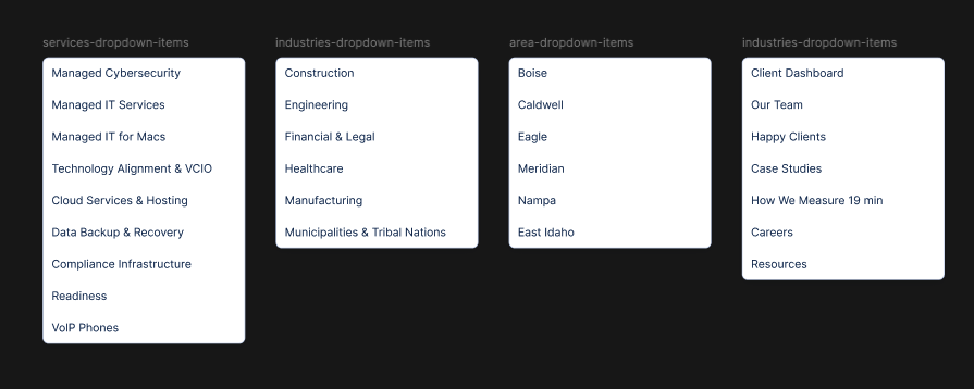 Navigation Bar — Dropdown menu items